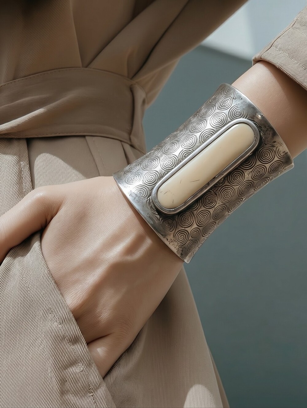 Rare VINTAGE Oversized 70s Boho Revival Silver & Beige Stone Long Cuff Bracelet
